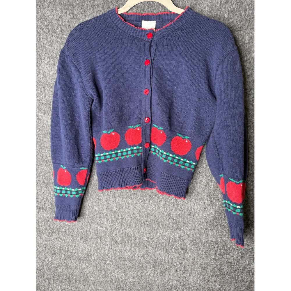 Vintage Kids Navy Blue Apple Knit Cardigan Sweater Made in USA Size 6X